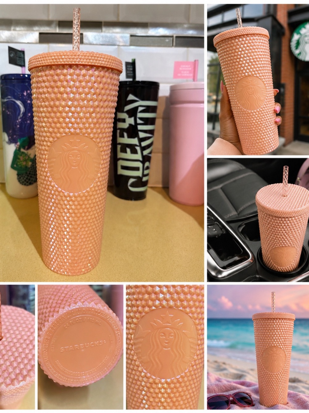 Starbucks 24oz Studded Tumbler Peach Pink Iridescent Venti Cold Cup Straw 2024